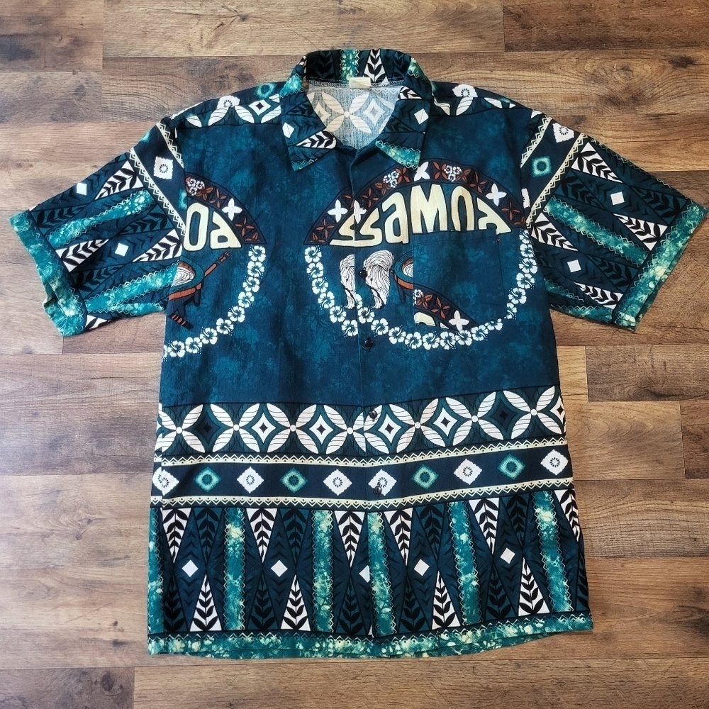 Vintage Mens Samoa Hawaiian Blue and Black Surfer Shirt Size XL